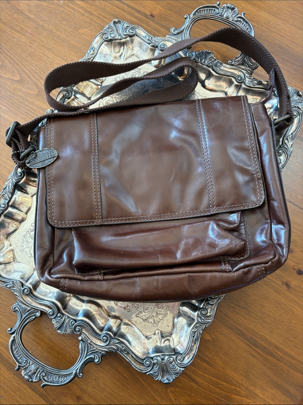 Men’s Vintage Fossil Brown Leather Messenger Crossbody Bag